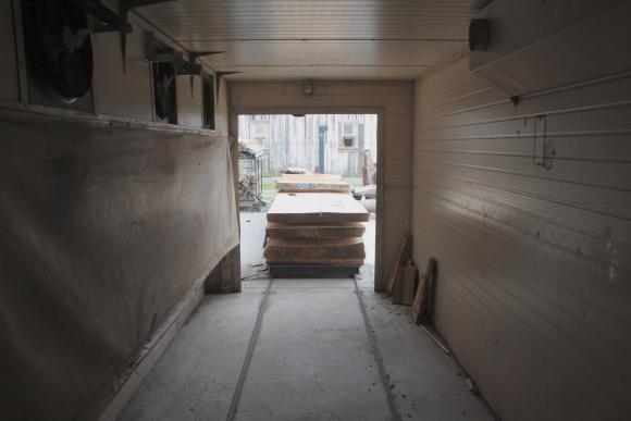 Looking out from inside Smith & Vallee's wood drying kiln in Edison, WA.